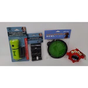 Dog Accessories Set 4 Item Lot Includes Portable Bowl, Flashlight, Poo Bags, Toy